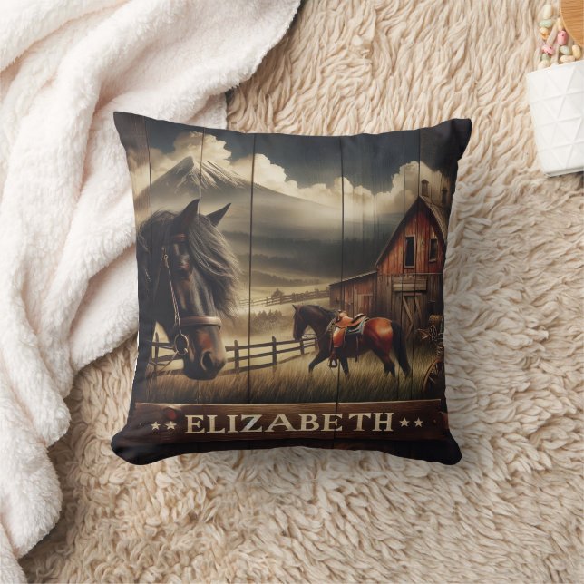 Horses at a Rustic Barn Under Mountain Clouds Cushion (Blanket)