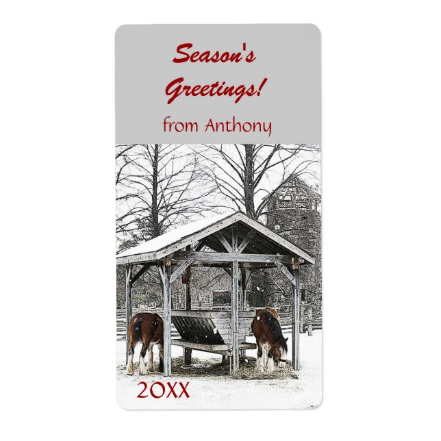Horses at stable Season's Greetings wine label (Front)