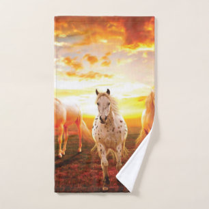 Horses at sunset throw pillow hand towel