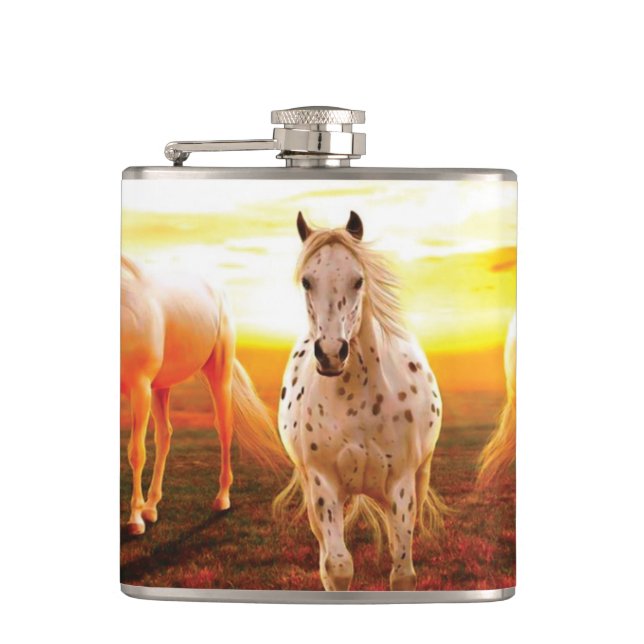 Horses at sunset throw pillow hip flask (Front)