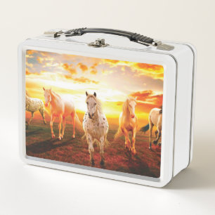 Horses at sunset throw pillow metal lunch box