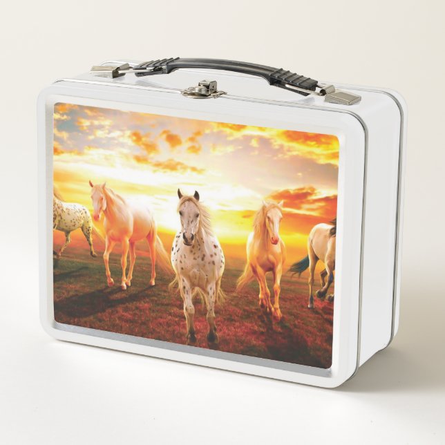 Horses at sunset throw pillow metal lunch box (Front)