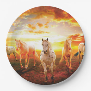 Horses at sunset throw pillow paper plate