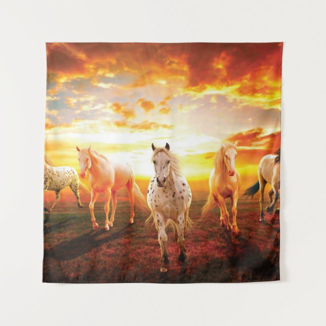 Horses at sunset throw pillow tapestry (Front)