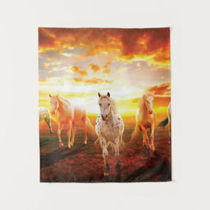 Horses at sunset throw pillow tapestry
