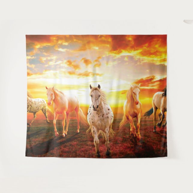 Horses at sunset throw pillow tapestry (Front (Horizontal))