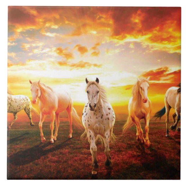Horses at sunset throw pillow tile (Front)