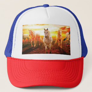 Horses at sunset throw pillow trucker hat