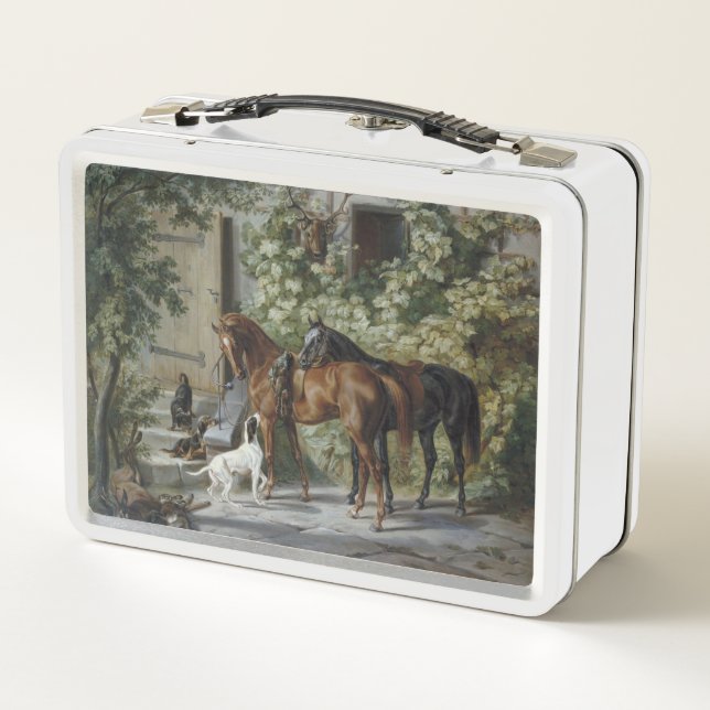 Horses at the Porch (by Albrecht Adam) Metal Lunch Box (Back)