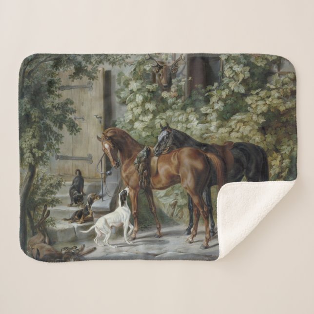 Horses at the Porch (by Albrecht Adam) Sherpa Blanket (Front (Horizontal))
