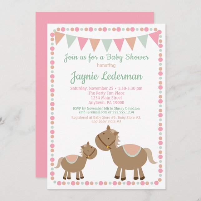 Horses Baby Shower Invitation Country Girl Pink (Front/Back)