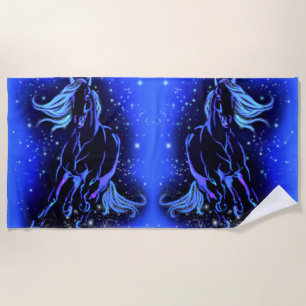 Horses Beach Towel Running In Blue Moonlight Night