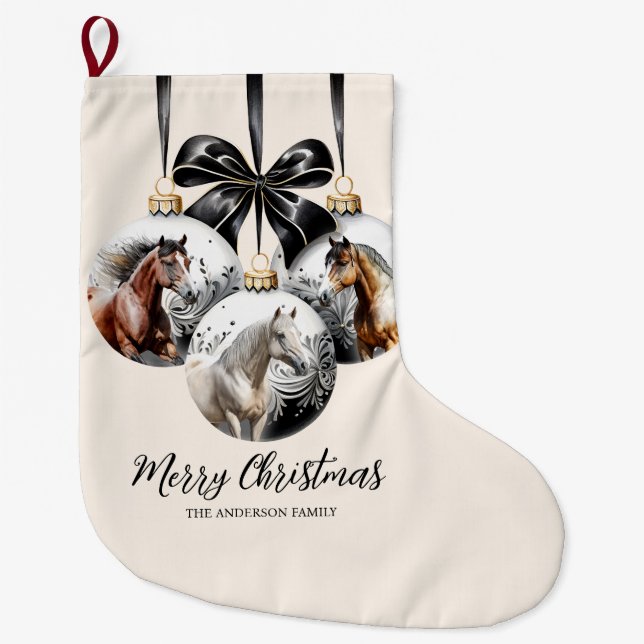 Horses black and gold Christmas quote Large Christmas Stocking (Front)