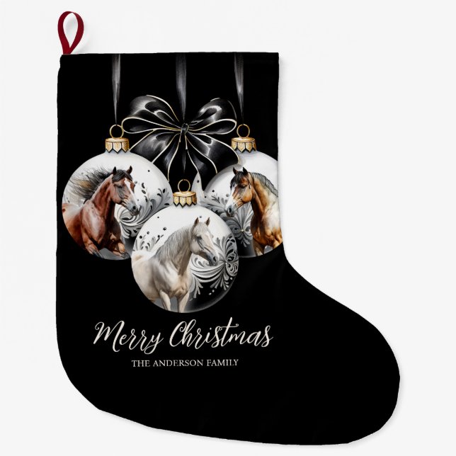 Horses black and gold Christmas quote Large Christmas Stocking (Front)