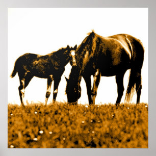 Horses Brown Yellow Pop Art Square Poster