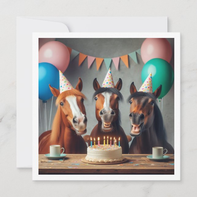 Horses celebrating birthday w/cake and hats invitation (Front)
