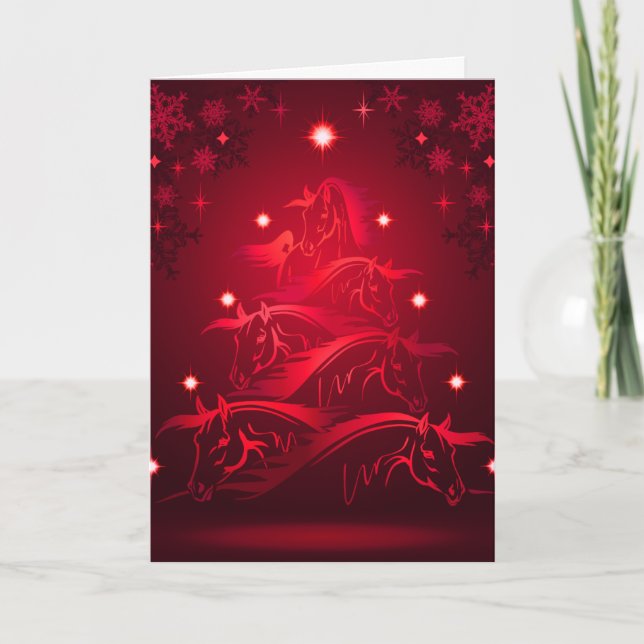 Horses Christmas Tree in Holiday Red Card (Front)