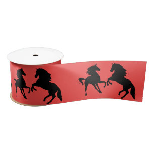 Horses Couple Red Satin Ribbon - Your Text - Colou
