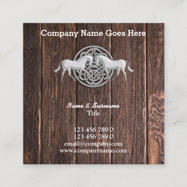 Horses crest wood & celtic knot rustic horse square business card (Front)