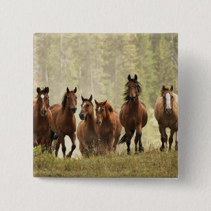 Horses cresting small hill during roundup 15 cm square badge