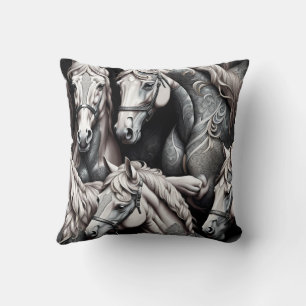 Horses Detailed Painting in Black& White Art Cushion