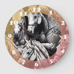 Horses Detailed Painting in Black& White Art Large Clock