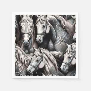 Horses Detailed Painting in Black& White Art  Napkin