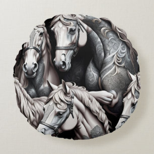Horses Detailed Painting in Black& White Art  Round Cushion
