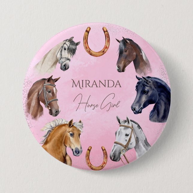 Horses equestrian elegant birthday party favours 7.5 cm round badge (Front)