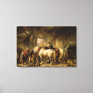 Horses Feeding in the Stable Canvas Print
