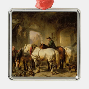 Horses Feeding in the Stable Metal Tree Decoration