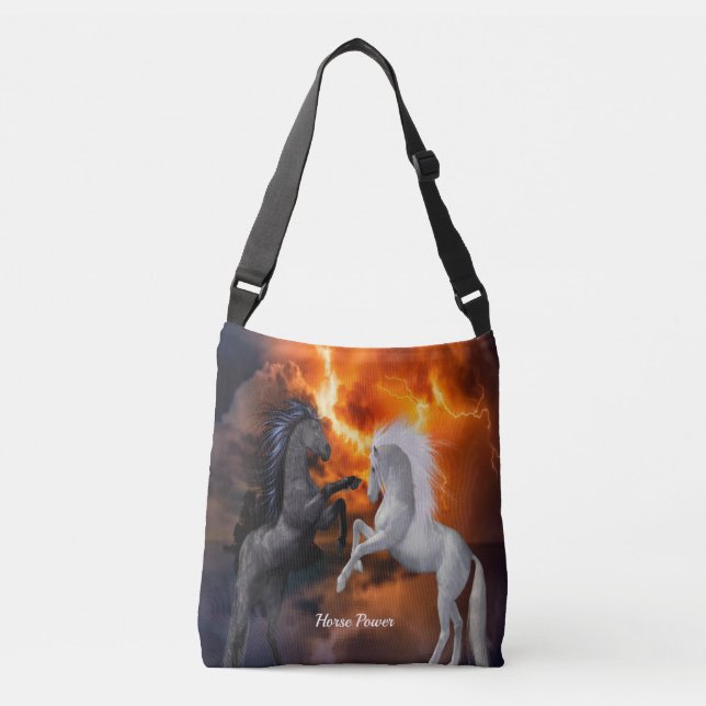 Horses fighting in a bad lightning storm crossbody bag (Front)