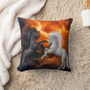 Horses fighting in a bad lightning storm cushion