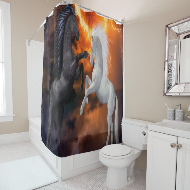 Horses fighting in a bad lightning storm shower curtain (In Situ)