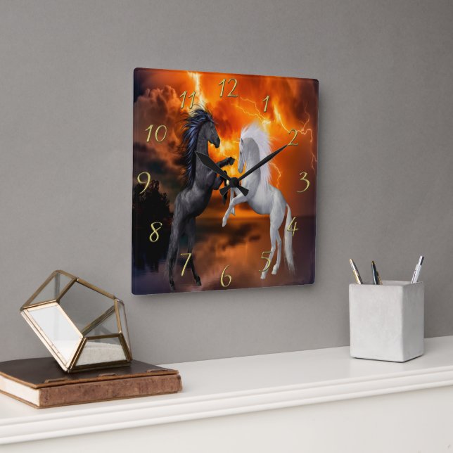 Horses fighting in a bad lightning storm square wall clock (Office)