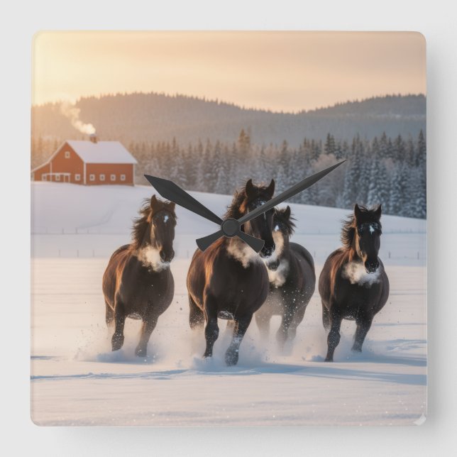 Horses galloping on a winter morning -  square wall clock (Front)