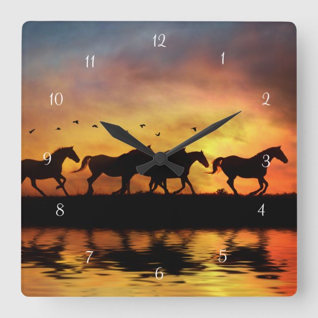 Horses Galloping Sunset and Water Square Wall Clock (Front)