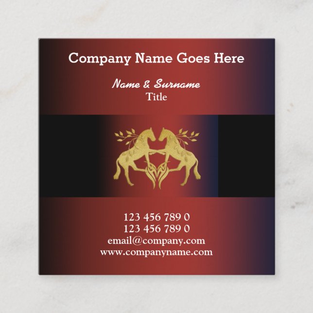 Horses graphic faux gold red leaf crest horse square business card (Front)