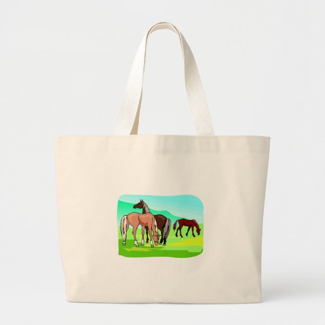 Horses Graze Field Colourful Drawing Equine Theme Large Tote Bag (Front)