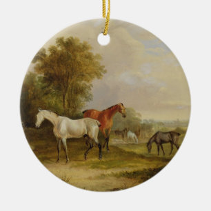Horses Grazing: A Grey Stallion grazing with Mares Ceramic Tree Decoration