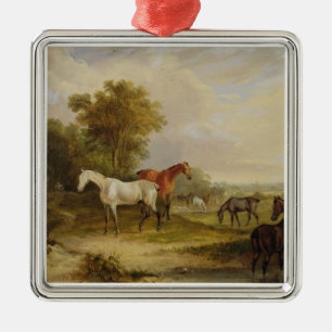 Horses Grazing: A Grey Stallion grazing with Mares Metal Tree Decoration