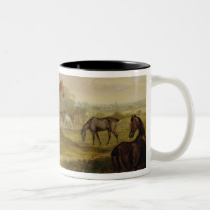 Horses Grazing: A Grey Stallion grazing with Mares Two-Tone Coffee Mug