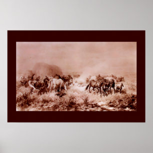HORSES GRAZING Antique Brown ,Sepia Poster