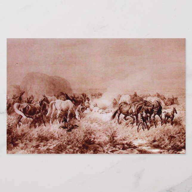 HORSES GRAZING Antique Brown Sepia Stationery (Front)
