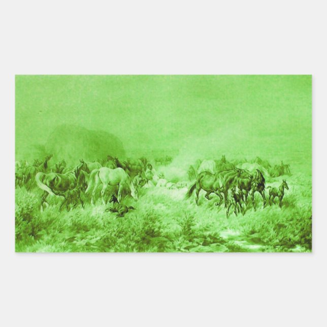 HORSES GRAZING ,Antique Light Green Rectangular Sticker (Front)