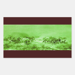 HORSES GRAZING ,Antique Light Green Rectangular Sticker