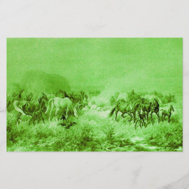 HORSES GRAZING Antique Light Green Stationery (Front)