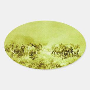 HORSES GRAZING ,Antique Olive Green Oval Sticker