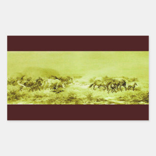 HORSES GRAZING ,Antique Olive Green Rectangular Sticker