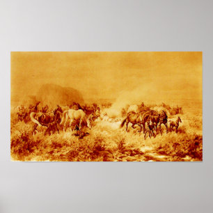 HORSES GRAZING Antique Orange Yellow Brown Sepia Poster
